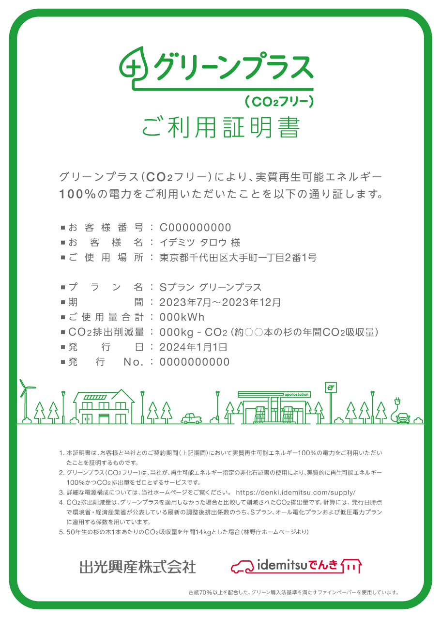 グリーンプラス(CO₂フリー)ご利用証明書